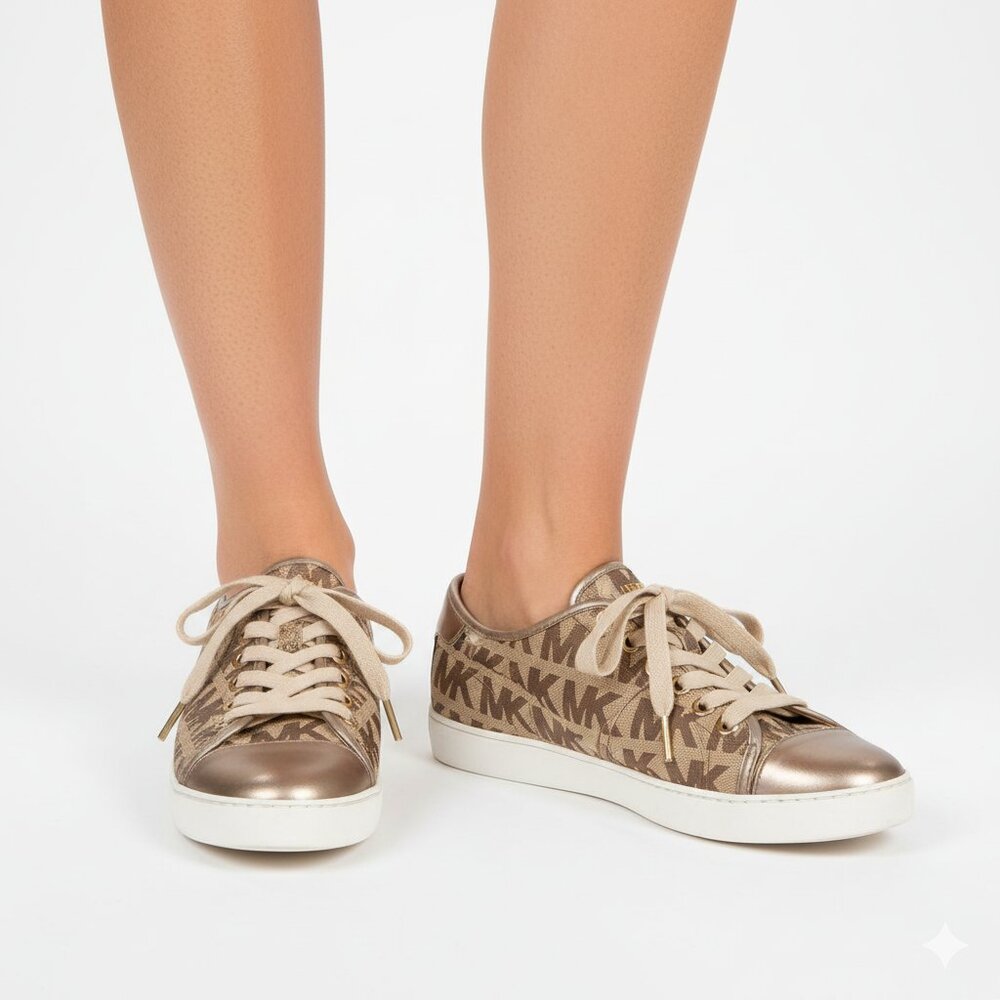 MICHAEL KORS Size 7 Brown Gold Monogram Low-Top Canvas Trainer Sneaker